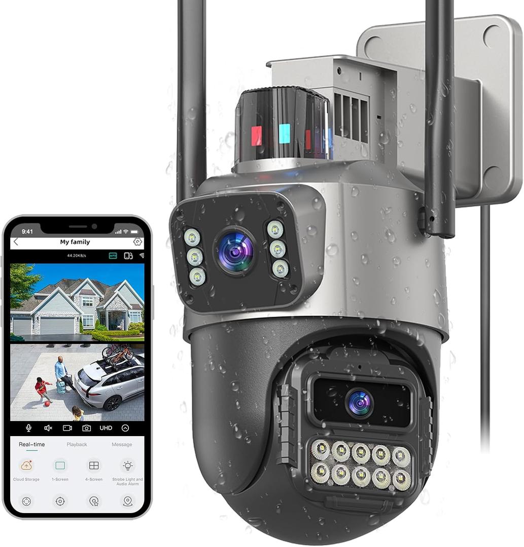 6MP Security Camera Outdoor, Dual Lens Outside Cameras for Home Security with Cord, IP66 Waterproof, AI Tracking, Light Alarm, Color Night, 2-Way Talk, 24/7 Record,SD/Cloud (S300)