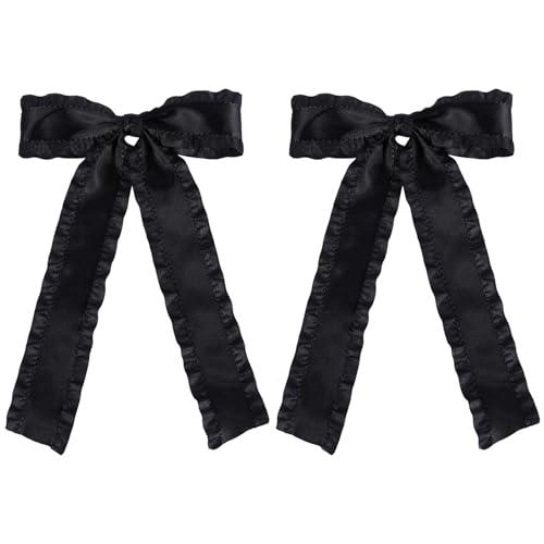 6Pc Satin Tassel Ribbon Hair Bows Alligator Clips Black 5.5 inch Big Ruffle Layered Hairbow Barrettes Long Tail for Women Girls Thick Thin Hair Decoration Accessories Present