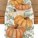 2 x Artoid Mode Orange Pumpkins Eucalyptus Leaves Fall Table Runner, Autumn Thanksgiving Kitchen Dining Table Decoration for Home Party Decor 13x36 Inch