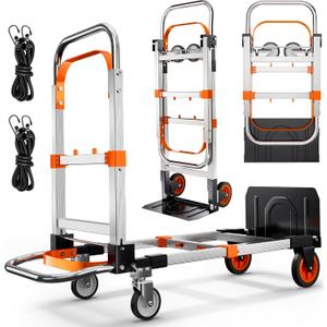 3 in 1 Folding Hand Truck Dolly Cart with Wheels Foldable Utility Cart Aluminum Trolley Cart 600lbs Capacity Convertible Dolly for Moving Furniture Shopping for Garden Home Office Warehouse