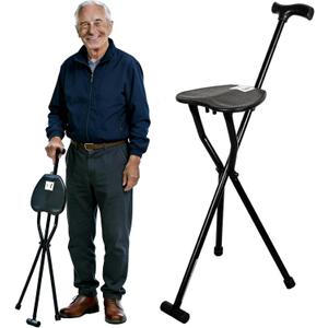300-Pound Capacity Folding Cane with Seat, Adjustable Seat & Cane Height, Portable, Non-Slip Pads, Suitable for Middle-Aged & Senior Users, Daily Walking, Waiting in Line & Travel