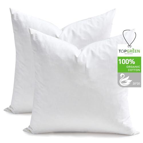 TOPGREEN Feather Down Throw Pillow Inserts 20 x 20, Set of 2, 100% Organic Cotton Shell, Soft Decorative Square Pillows Insert for Living Room Sofa, Couch, or Bed (White)