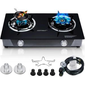 Horynar Propane Stove 2 Burner Gas Stove Novel 9 Copper Propane Burners Auto Ignition Tempered Glass with LPG CSA Hose for Outdoor Cooking,Emergency