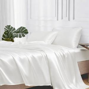 MR&HM Satin Bed Sheets, King Size Sheets Set, 4 Pcs Silky Bedding Set with 15 Inches Deep Pocket for Mattress (King, Ivory)