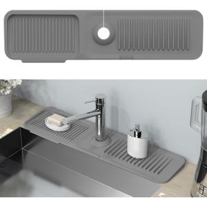 Kitchen Sink Splash Guard Behind Faucet 24 x 5.5 Inch, Toovem Faucet Handle Drip Catcher Tray, Longer Silicone Sink Faucet Mat, Dish Soap Sponge Holder for Bathroom, Farmhouse, Bar, Rv, Grey (Gray)