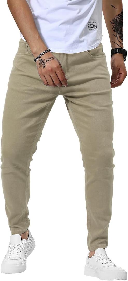 Woenzaia Mens Jeans Slim Fit Skinny Denim Stretch Tapered Jean Pants (28, #B Khaki)