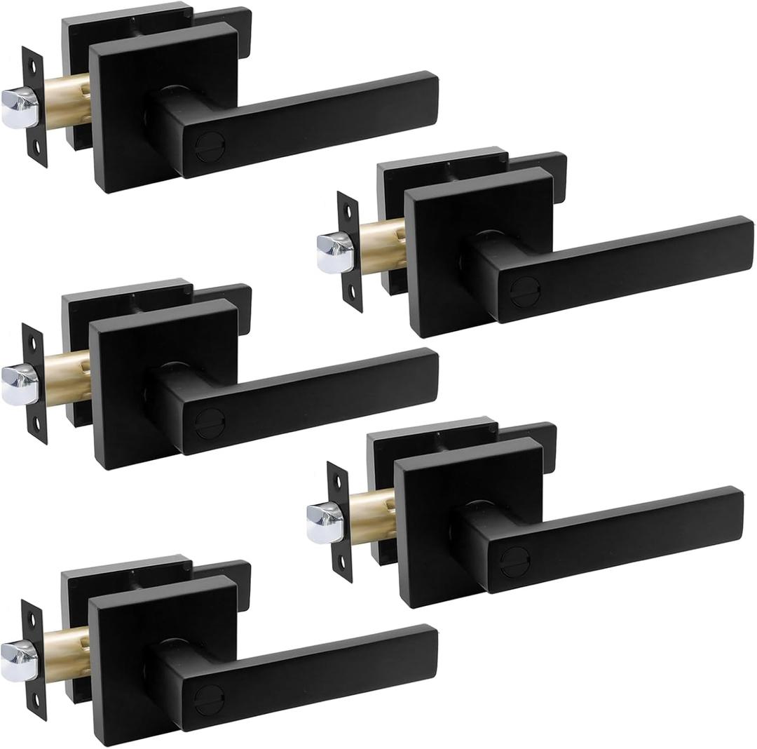 Karlstone 5 Pack Matte Black Door Handle Heavy Duty Lever Privacy Door Lock Set for Interior Door, Bedroom Door Handle