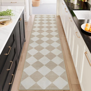 Beeiva Checkered Print Carpet Runners for Hallway 12ft, Beige Neutral Washable Long Hallway Runner Rug 2.5x12, Moroccan Gingham Diamond Carpet Ultra Thin Faux Wool Rug for Kitchen Decor