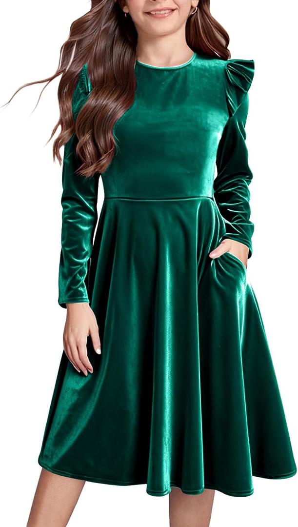 Seiciviy Girls Christmas Dress Velvet Fall Winter Party Dresses Ruffled Long Sleeve Casual with Pockets Princess Outfits (5-6 Years)