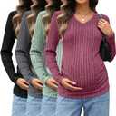 4 Pack Maternity Shirts V Neck Long Sleeve Pregnancy Clothes Ribbed Fit Women's Sweaters Winter Mama's Thermal Top (Large, Fuchsia, Green, Dark Gray, Black)