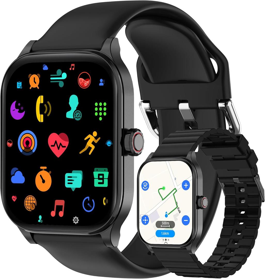 Smart Watch for Men (Built-in GPS and Offline Maps), 1.96" HD Display, Answer/Make Calls, 100+ Sport Modes, Heart Rate/Sleep/SpO2 Monitor, Waterproof Smartwatch for Android/iPhone (2 Bands) (Black)
