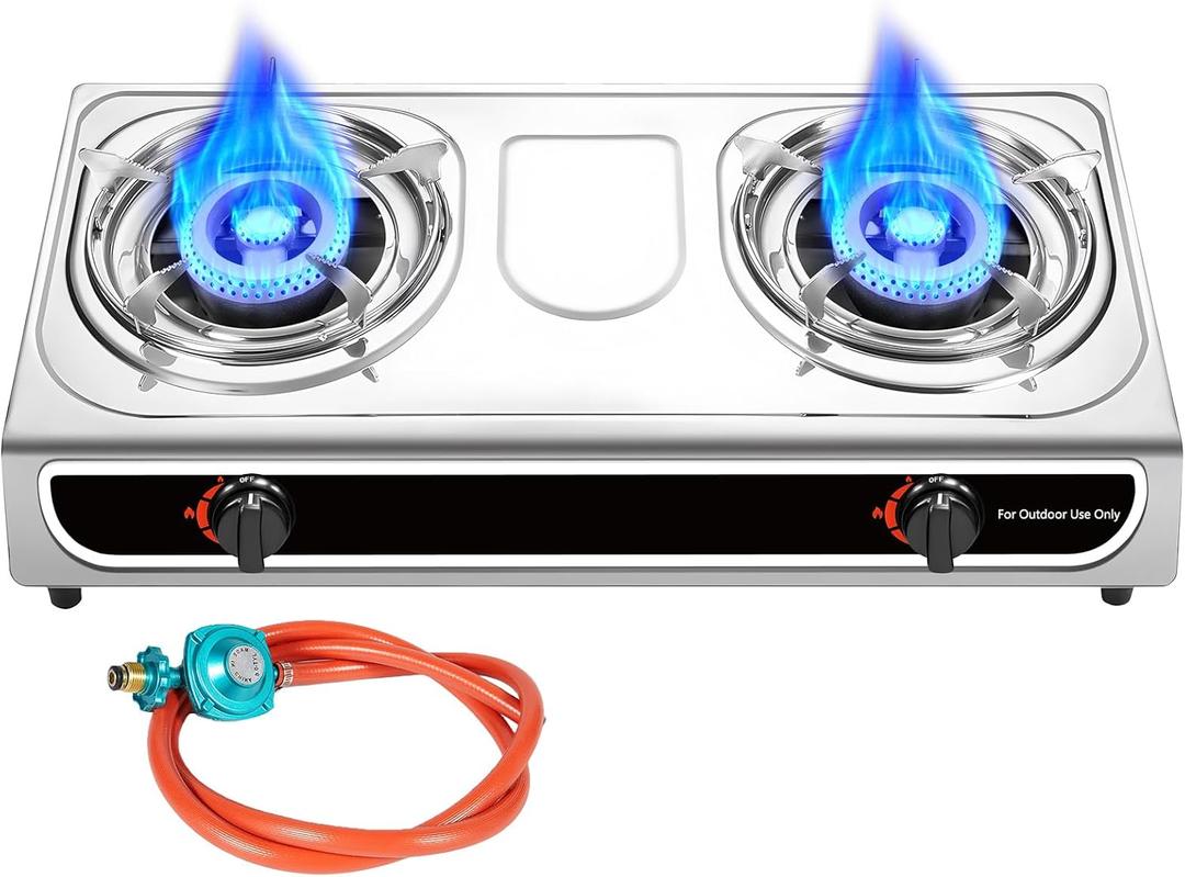 Llamaviva Propane Stove 2 Burner Stove 23000 BTU Gas Stove Auto Ignition Porable Propane Stove with Gas Hose, Stainless Steel Panel Stove for Camping Outdoor Propane Griddle