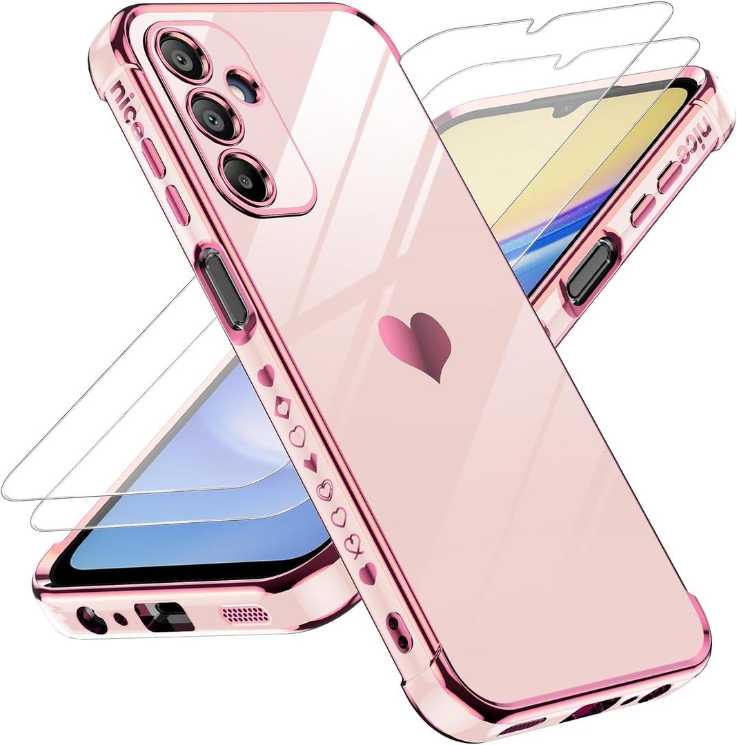 LeYi for Galaxy A15-5G Phone Case: with Tempered Glass Screen Protector [2 Pcs]+ Full Camera Lens Protection, Love Heart Plating Girly Women Luxury Shockproof Android A 15, Pink