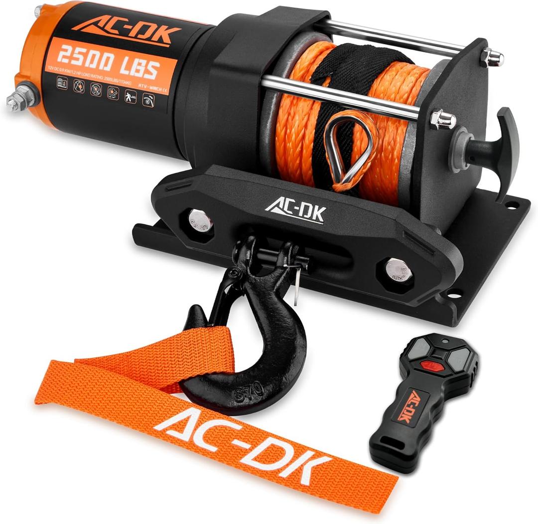 AC-DK 2500 Lb ATV/UTV Winch Synthetic Rope Kits, 12V Winch with Wireless Remote for Off Road Trailer Boat RV Towing Winches, Winch with Mounting Plate and Wired Remote