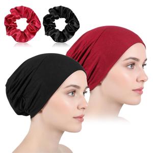4 Pcs Reusable Sleeping Cap for Women Washable Bath Bonnet with Hair Rope Adjustable Elastic Hair Wrap Large Cap Slouch Beanie Hat Wide Band Sleep Caps for Curly Hairs Braids
