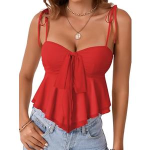 Rooscier Women's Straps Knotted Front Sleeveless V Neck Cute Peplum Sexy Cami Top Red Medium