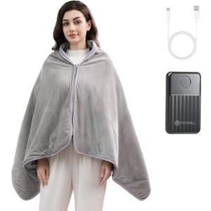 FREEHILL Heated Blanket Battery Operated, 9V Portable Cordless Heated Blanket Wearable Shawl, Gifts for Mom Women, Heating Throw with 4 Heating Area, 65x31.5 Inches (Gray)