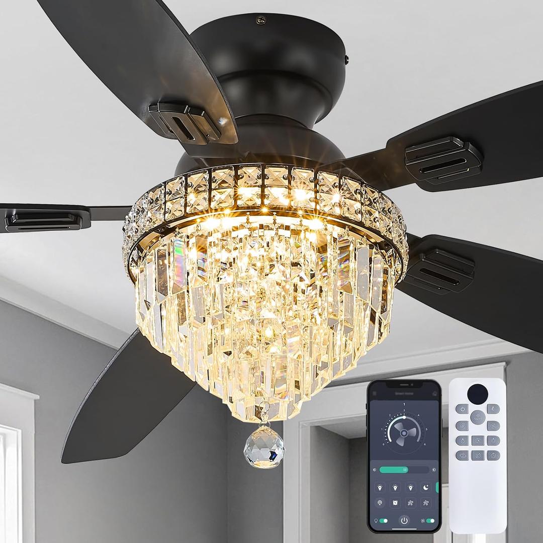 Crystal Ceiling Fan Fandelier with Lights-Ceiling Fans with Lights,54" Low Profile and Remote Control, Flush Mount, Reversible, Dimmable, Noiseless, Black Ceiling Fan for Bedroom