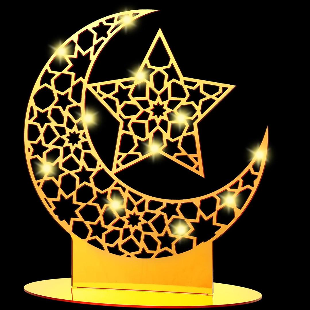 Frienda 9 Inch Eid Decorations for Home Acrylic Eid Mubarak Sign Centerpiece Al Adha Decorations Crafts Islamic Moon Decoration Moon Table Sign Gift for Muslims Bedroom Decor