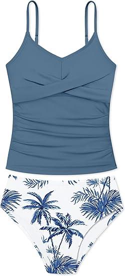 Aulyffo Girls Tankini Swimsuit Size 17-18 , Tropical Print Swimsuits for Teen Girls Criss Cross Kids Swimwear 