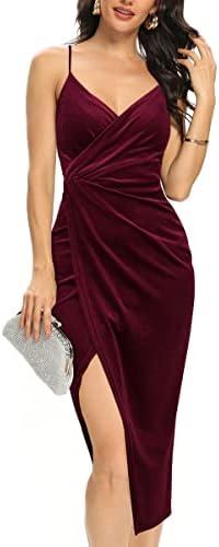 Missufe Women's Sleeveless Spaghetti Strap Wrap V Neck Bodycon Ruched Slit Midi Party Cocktail Velvet Dress, Size Medium