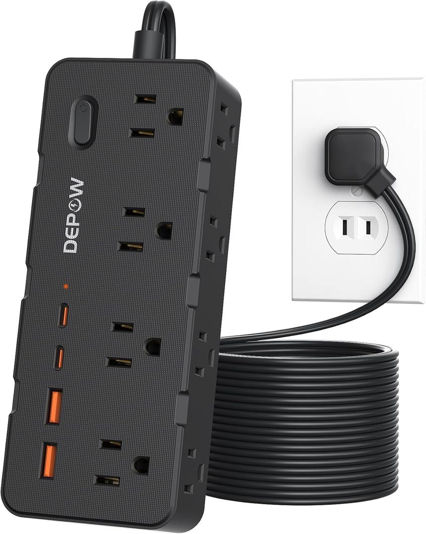 DEPOW 2 Prong Power Strip, 10 FT Extension Cord, 2 to 3 Prong Outlet Adapter with 8 AC & 4 USB Ports (2 USB C), 1700J Two Prong Surge Protector, Wall Mountable, Ideal for Old House (Black)