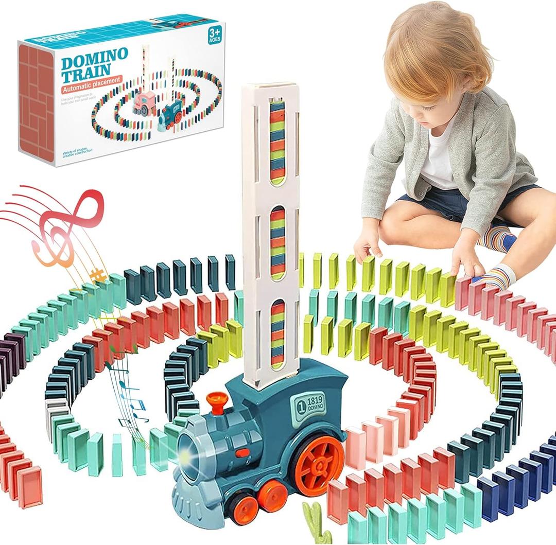 Domino Train Toy Set for Kids, Automatic Dominoes Blocks Building and Stacking Toys Creative Kids Games Early Education Christmas Birthday Gift Boys Girls Age 3 4 5 6 7 8 Year Old (Cyan)