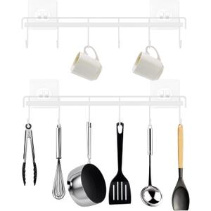 2 x Kitchen Utensil Hanger, Adhesive Utensil Holder Wall Mount Kitchen Rack Rail with 12 Hooks, Space Saving and No Drilling, White, 2 Pcs