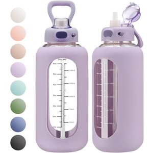 SIEROZUR 64 oz Glass Water Bottle with Straw and Handle Large Sports Motivational Water Bottle Flask with Time Marker Leakproof Water Jug with Silicone Sleeve for Gym (Purple)