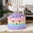 Zopeal Cat Basket Storage Woven Organizer with Ears Easter Decorative Gift Pet Toy Cute Cotton Rope Basket for Gift Cat Dog Toy Bin Nursery Room(21.7 x 13.8 Inch,Macaron Color)