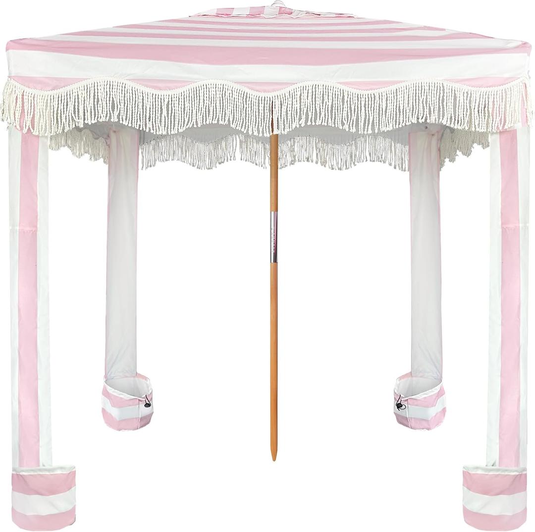 AMMSUN Beach Cabana with Fringe, 6'6' Boho Beach Canopy with Tassels, Easy Set up & Premium Wood Pole, Cabana Tent with Sand Pockets, Instant Sun Shade for Sand, Garden, Patio, Rose Pink Stripes