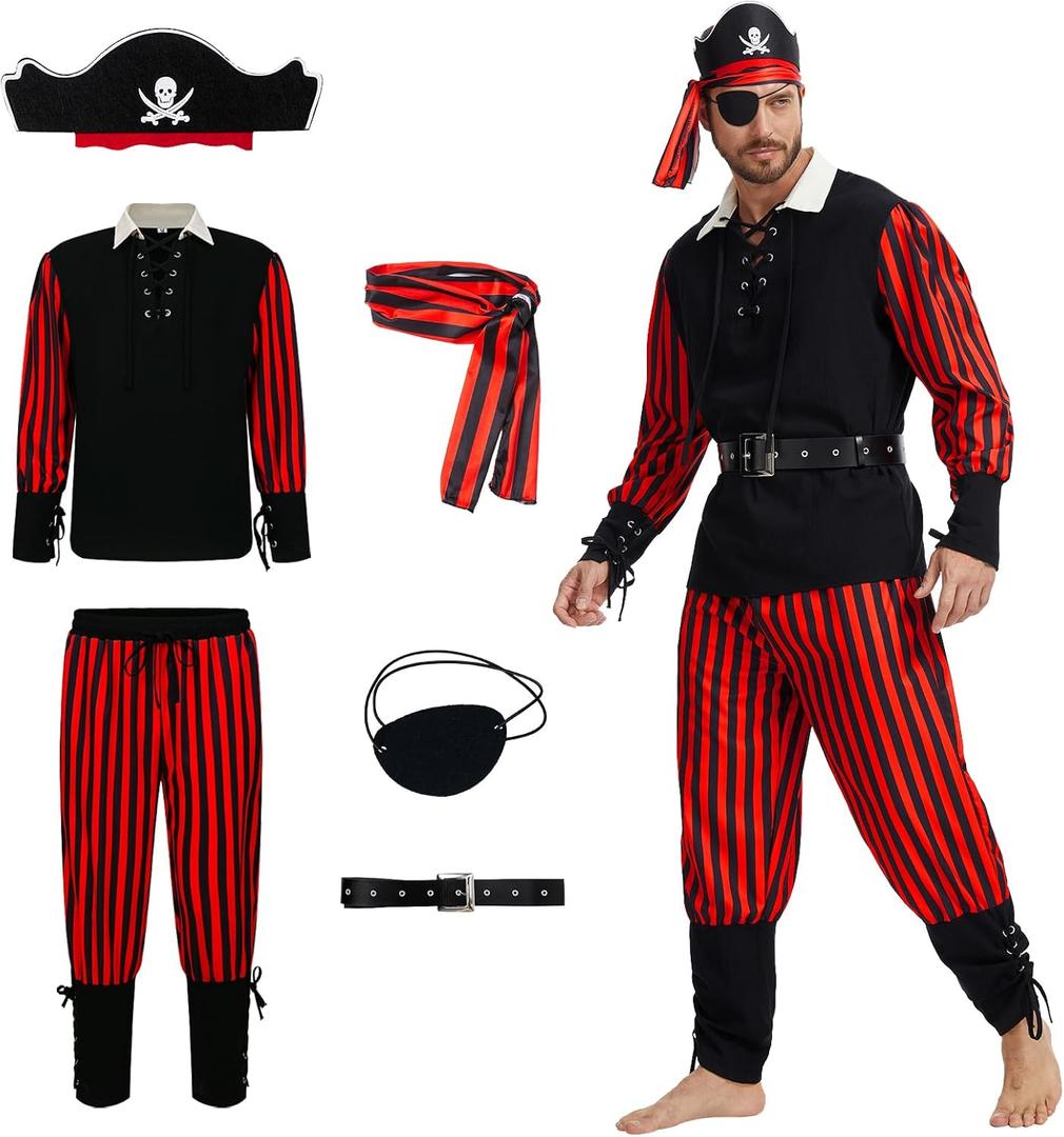 6Pcs Mens Pirate Costume Adult Set, Pirate Outfit Men with Shirt Pants Hat for Halloween Cosplay Party (Small, Black)