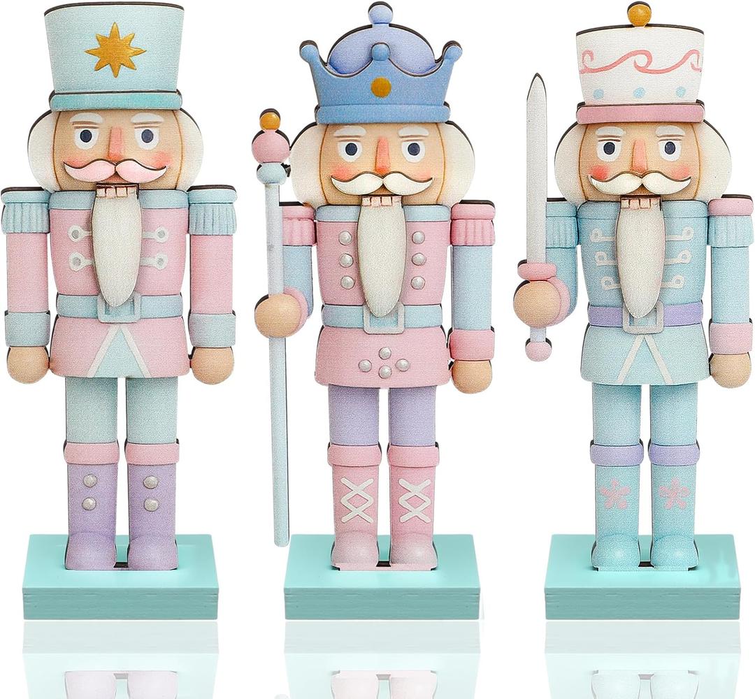 Thyle 3 Pcs Christmas Nutcracker Soldier Decorations 7 in Wooden Traditional Christmas Nutcrackers Figures Wood Veneer Vintage Xmas Tabletop Decoration for Fireplace Collectible Gifts(Pastel Color)