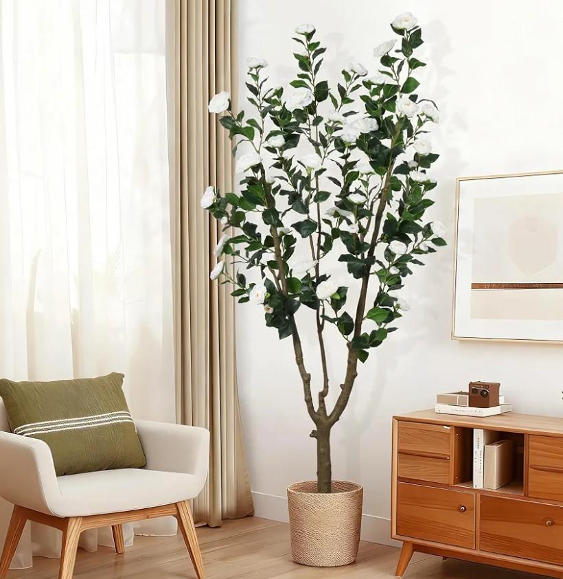 6.6ft Tall Artificial Camellia Tree with White Flower
Faux Green Leaves Camellia Plant,Fake White Blooming Flowers Camellia Tree for Home Office Indoor Outdoor Party Wedding Decor