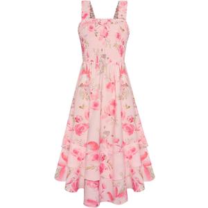 GRACE KARIN Girls Floral Maxi Dress Square Neck Wide Straps Smocked Summer Spring Flowy Dress (10-12 Years, Light Pink Floral)