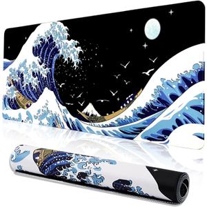 MEWOOCUE Gaming Mouse Pad for Desk,Large Wave Mousepad Laptop,Black Japanese Anime Mouse Mat,Long XXL Waterproof Keyboard Pads,Big Non-Slip Mousepads for Game Office Home31.5 x 11.9 in (A Kanagawa Surfing)