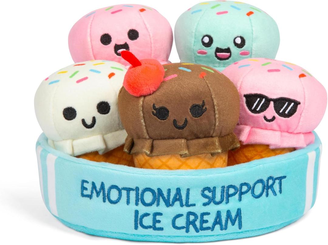 Emotional Support Ice Cream Cones by Relatable, Cuddly Stuffed Animals and Toys, Squishy Toys and Plushies, Great Gift Ideas for Loved Ones of All Ages, Includes 5 Plushies with Carrying Basket