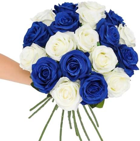 Tifuly Roses Artificial Flowers - 12 pcs Realistic Long Stem Fake Roses Mashup Style Silk Roses for DIY Bouquets Wedding Centerpieces Arrangements Home Party Decor（White & Blue）