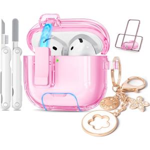 for Airpods 4 Case Clear, Cute Soft TPU Clear Case Cove for Apple Airpods 4th Generation Case (2024) with Cleaning Kit Lock & Bling Keychain, Phone Holder Function (Pink)