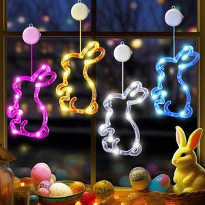 4Pack Easter Window Lights Decorations with Timer, Battery Powered Hanging Pink Yellow White Blue Lighted Bunny Shaped Sucker LED Lamp for 2024 Holiday Indoor Home Decor