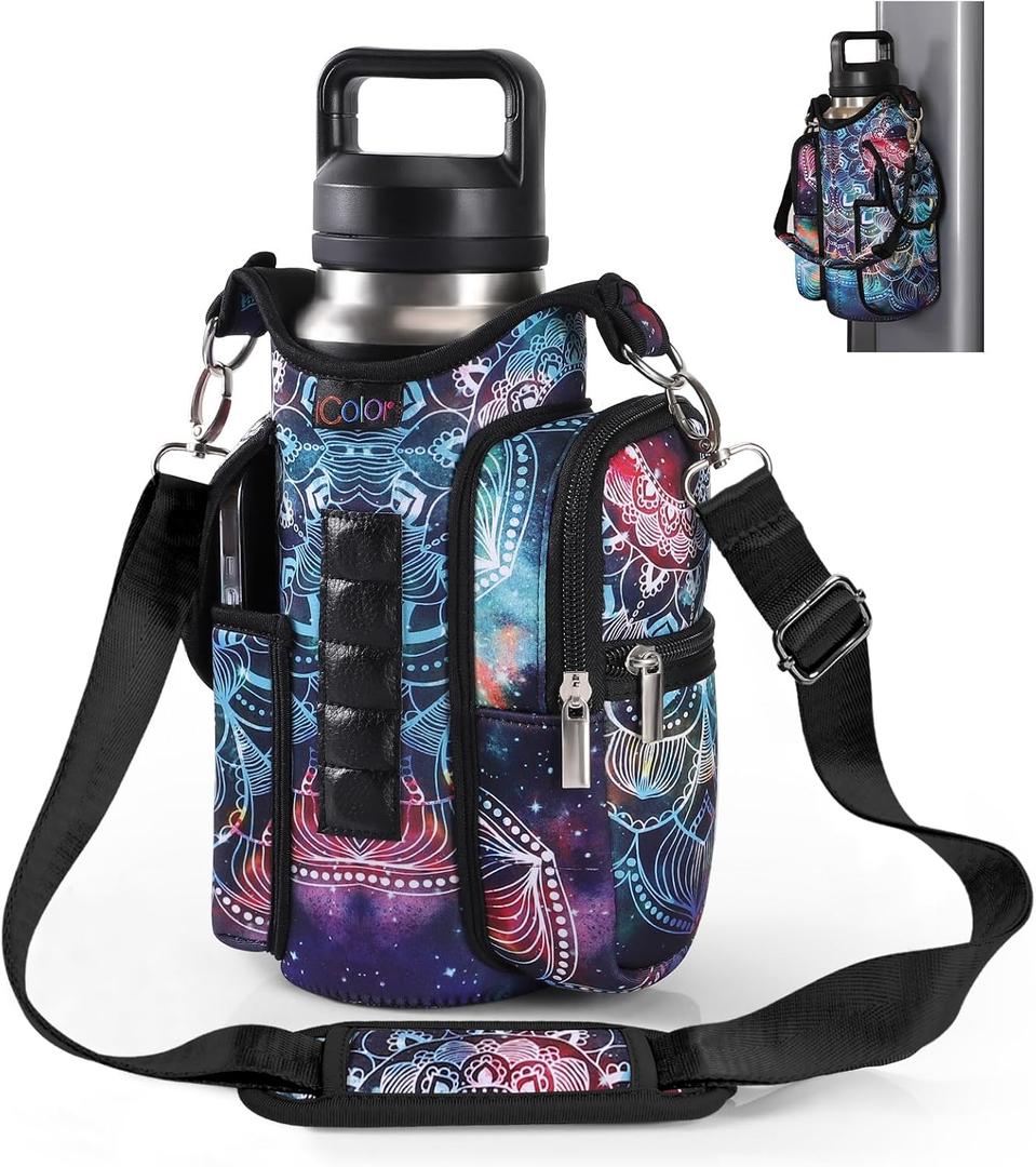 Icolor Magnetic Gym Bag Water Bottle Carrier Holder with Phone Pockets & Shoulder Strap,Gym Magnetic Bag 5 Built-in Magnets Gym Accessories Organizer Sling Bottle Bag Pouch Sleeve (Mandala)