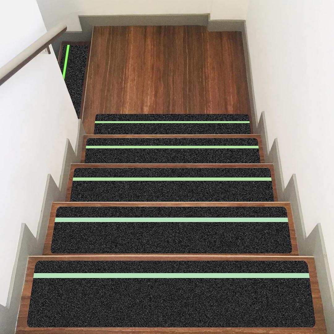 10 Pack 6 x 32 Anti Slip Traction Treads with Glow in The Dark Stripe, Outdoor Waterproof Non Skid Pre-Cut Tape with Roller, High Traction Friction Abrasive Adhesive for Stairs Step