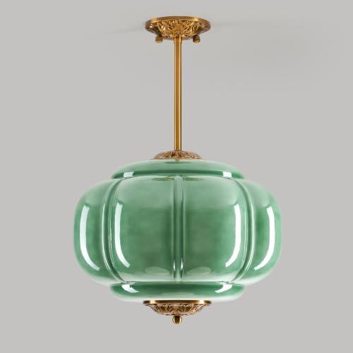 Green Milk Glass Pendant Light, Milk Glass Ceiling Light Fixture, Semi Flush Mount Pendant Light Vintage Schoolhouse Ceiling Light for Kitchen Island, Living Room, Dining Room, Bedroom (15 Inch)