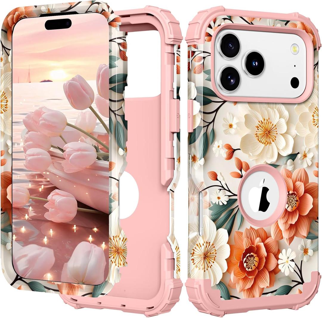 PIXIU Unique Flower Pattern Compatible with iPhone 17 Pro 6.3 inch case,Heavy Duty Dual Layer Shockproof Full-Body Protective Sturdy Hybrid Cute Rugged Case for Women,Girls,Kids-White/Orange (A14)