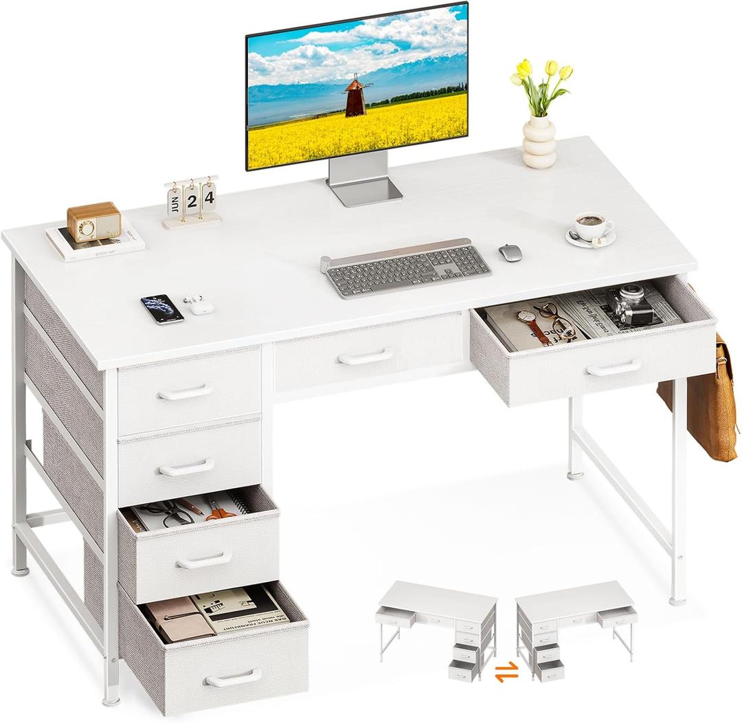 ODK Computer Desk with 6 Drawers, 40 Inch Small Desk with Storage, Reversible Desk with Headphone Hook for Home Office, Work Study Table for Bedroom, White