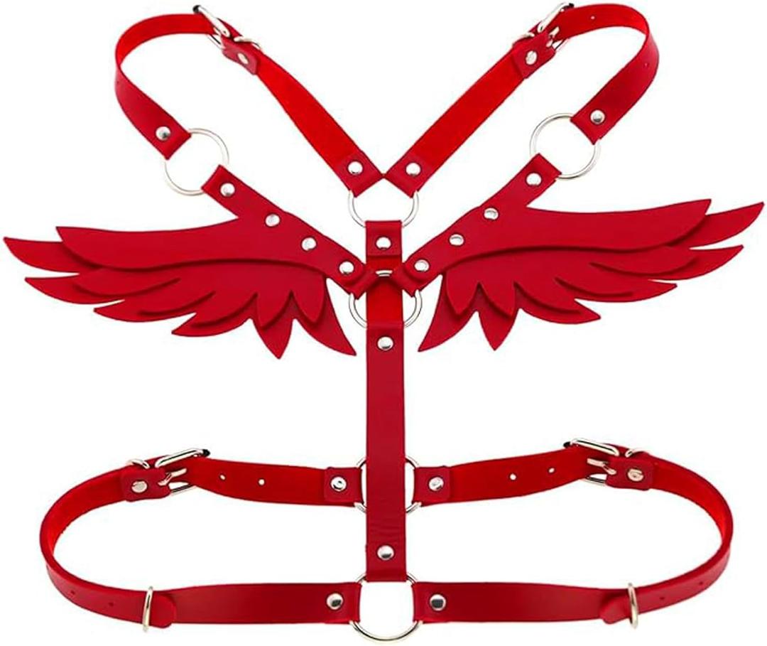 Women Leather Harness Lingerie, Sexy Angel Wings Chest Belt for Ladies, Punk Red Body Caged Waist Harness Straps for Fetish Costume Party Cosplay Rave Festival Party Couples BDSM Games (Red)
