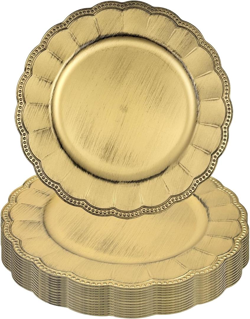 Gold Charger Plates Set of 10, 13 Inch Plastic Plate Chargers | Vintage Style for Weddings, Holiday Parties, Banquets & Family Gatherings, Elegant Chargers for Dinner Plates (10, Gold-XRK), 1313