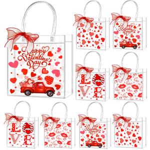 Zenoble 24 Pcs Valentines Gift Bags 4 Styles of Double-Sided PVC Clear Bags Valentine's Day Goodie Gift Bag with Red Ribbon for Anniversaries Weddings Valentine's Day Party Favor