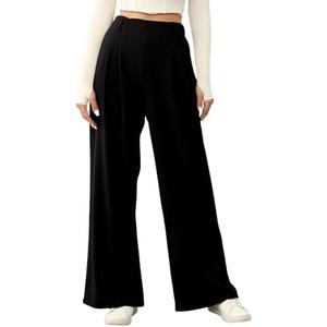 EVALESS Wide Leg Pants for Women Elastic High Waisted Waffle Knit Fleece Lined Palazzo Pants Work Trousers with Pockets Size 04