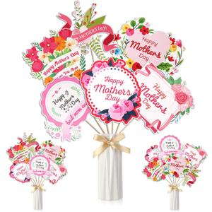 Rotatingpals 48 Pcs Happy Mother's Day Party Centerpiece Sticks Best Mom Love You Mothers Day Table Decorations Pink Flowers Mother's Day Table Toppers for Mother's Day Party Decoration Supplies Cake